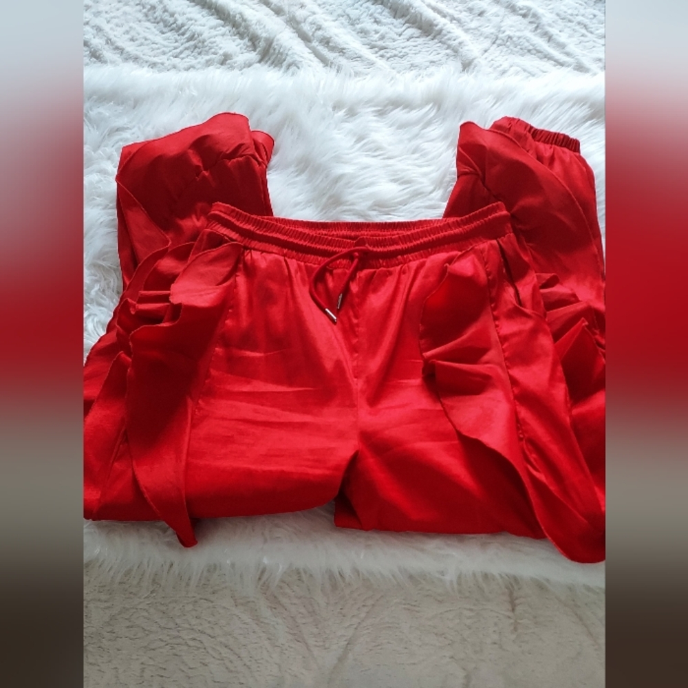 Love Highlight Dressy High Waist Red Ruffle Edge Pants With Elastic Waist Sz-3XL - Picture 4 of 6